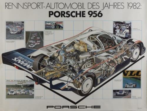 PORSCHE 956: A rare large factory produced 1982 original cutaway poster featuring successes of the 956 Porsche