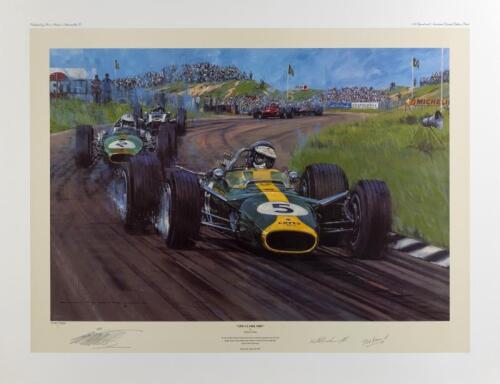 LOTUS: A limited edition print (400/500) by Nicholas Watts titled "Jim Clark OBE" signed by Keith Duckworth, Dick Scammel and artist