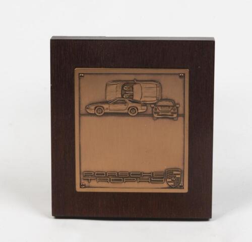 PORSCHE: A factory produced 1980s brass and timber &ldquo;Porsche Trophy&rdquo; plaque featuring the 928