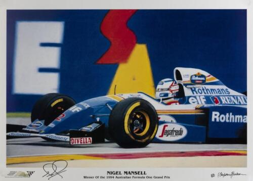 MANSELL: A limited edition print (206/500) by Antony Baker Nigel featuring Mansell winning the 1994 AGP, signed by Mansell and artist
