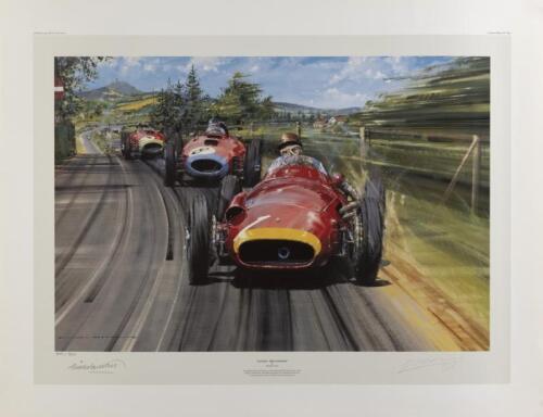 FANGIO: A limited edition print (400/500) by Nicholas Watts titled "Fangio - The Maestro", signed in pencil by Fangio and the artist