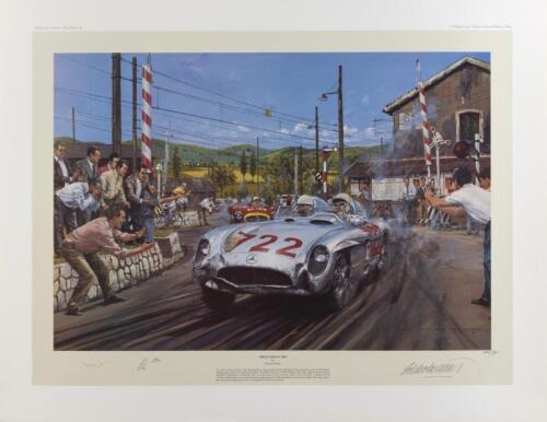 Stirling MOSS: A limited edition print (400/500) by Nicholas Watts titled "Mille Miglia 1955", signed in pencil by Stirling Moss, Denis Jenkinson and the artist