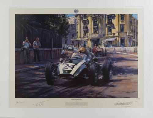 JACK BRABHAM: A limited edition print by Nicholas Watts titled "World Champions 1959", signed in pencil by Jack Brabham, John Cooper and the artist