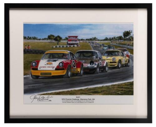PORSCHE: A print featuring the McKeown, Geoghegan, Brown 911s at the 1974 Porsche Challenge, Wanneroo Park, signed Alan Hamilton, framed