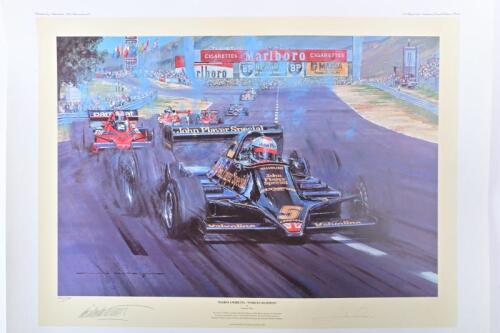 MARIO ANDRETTI: A limited edition print by Nicholas Watts titled "Mario Andretti - World Champion" signed by Mario Andretti&nbsp;and artist, featuring the Lotus Lotus 79 of Mario Andretti, numbered 400/500, 63.5cm high x 82.5cm wide overall.