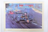 MARIO ANDRETTI: A limited edition print by Nicholas Watts titled "Mario Andretti - World Champion" signed by Mario Andretti&nbsp;and artist, featuring the Lotus Lotus 79 of Mario Andretti, numbered 400/500, 63.5cm high x 82.5cm wide overall.