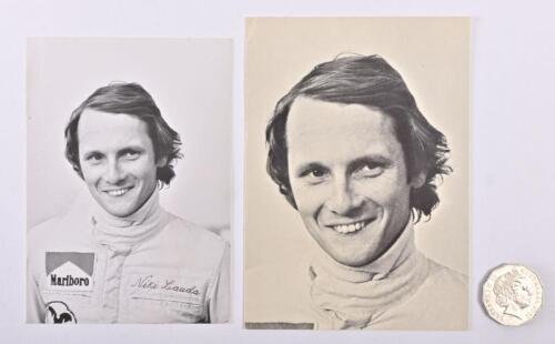 FERRARI: Signed Niki Lauda driver postcard by Enzo Ferrari, Niki Lauda and one other dated 1974. Also glossy postcard of Lauda.