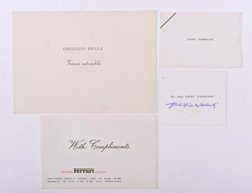 FERRARI: Four original Ferrari issued business cards of Enzo Ferrari and "With Compliments" cards.