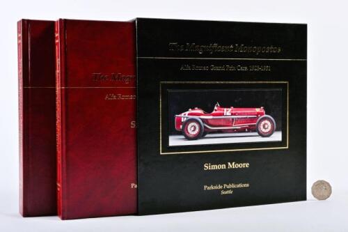 ALFA ROMEO: Two signed hardback leather bound volumes in leather covered slipcover "The Magnificent Monopostos" by Simon Moore, signed to the title page by the author