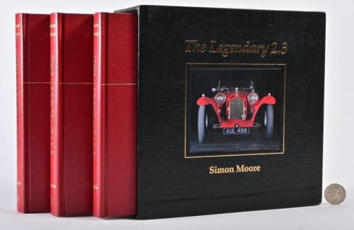 ALFA ROMEO: Three hardback leather bound volumes in leather covered slipcover "The Legendary 2.3" by Simon Moore, published 2000 by Parkside Publications, 961 pages