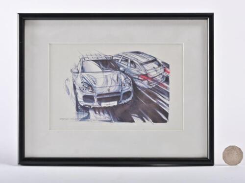 PORSCHE/CAYENNE: A framed and glazed print by Stephen Mukett, chief exterior designer of the Cayenne. Personal inscription to rear.
