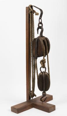 BLOCK & TACKLE: An antique block and tackle display, 101cm high x 34cm deep overall.