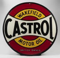 CASTROL: A large early 20th century Castrol Wakefield enamel sign, reading "Wakefield Castrol Motor Oil British owned", overpaint near top centre mounting hole, 90.5cm diameter - 2