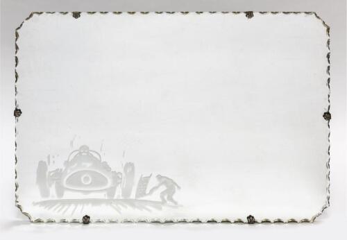 MIRROR: A decorative 1950s 'Pie Crust' mirror with etching of a victorious Grand Prix racing car at speed,