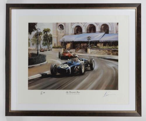 MONACO: A large vibrant limited edition print of 850 by Dion Pears featuring Sir Stirling Moss behind the wheel of his Lotus 18 at "My Favorite Race" Monaco 1961, signed Moss and artist.