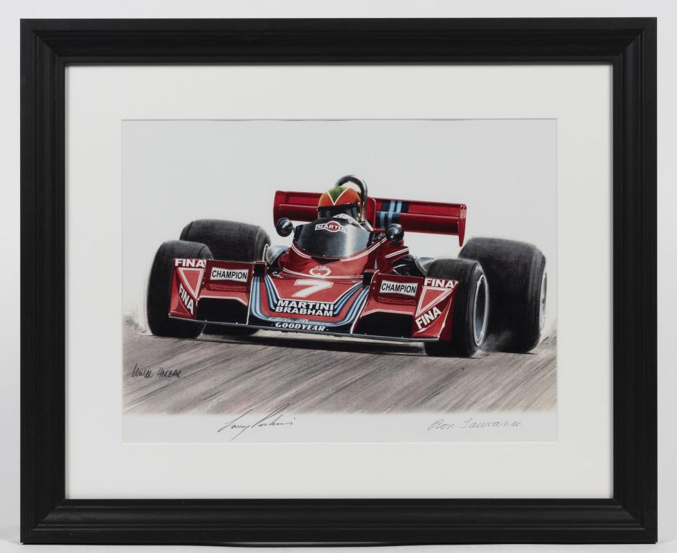 RALT: A print featuring Larry Perkins at the wheel of his F1 Martini Brabham  BT45 1976, signed by Perkins and Ron Tauranac - Price Estimate: $ - $