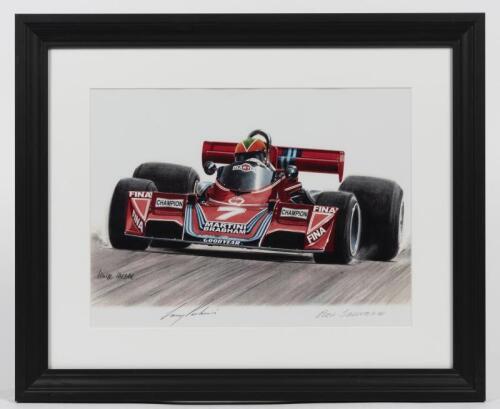 RALT: A print featuring Larry Perkins at the wheel of his F1 Martini Brabham BT45 1976, signed by Perkins and Ron Tauranac