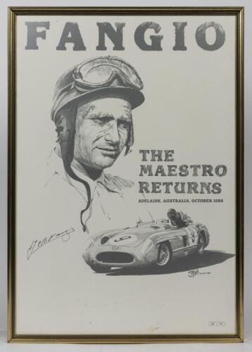 FANGIO: A Fangio hand signed limited edition poster (16/100) to commemorate "Fangio, The Maestro Returns, Adelaide, Australia October 1986" with artwork by Stonie.