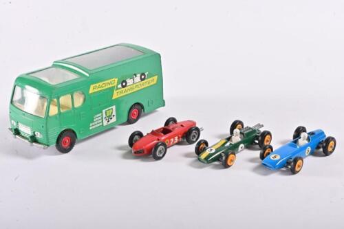 LESNEY: A rare vintage "matchbox" set of three metal 1960s Formula 1 racing car models of Ferrari, B.R.M and Lotus together with Racing Car Transporter by Lesney