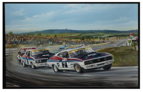 BOND/HAMILTON: A large original oil painting by Randall Wilson of the winning Moffat Dealer Team Fords at the 1977 Bathurst 1000, signed on verso, canvas size 76.5cm high x 122cm wide