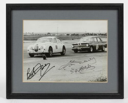 JANE/BEECHEY: A signed photograph of Bob Jane (Jaguar MkII) and Norm Beechey (Neptune Holden), signed in black ink by each driver, image 14cm high x 19.5cm wide