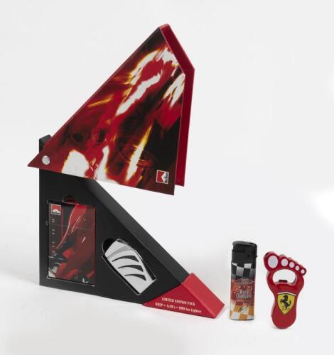 MARLBORO/FERRARI: A limited edition Marlboro pack of 20 and lighter, together with a novelty Ferrari bottle opener/lighter and Michael Schumacher lighter