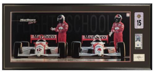 INDY: A larger "Marlboro World Championship Team" Indy framed colleague with ticket from 1993 Indy, medallion with numbered pass, plus card reading "I hereby certify that the bearer of this ticket has completed one lap around the Indianapolis "500" Mile S