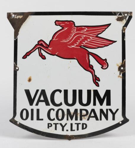 VACUUM: An original Vacuum oil company shield form enamel sign, 38cm high x 37cm wide
