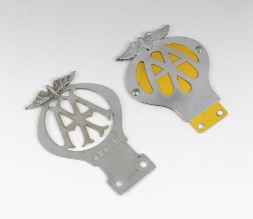 AUTOMOBILE ASSOCIATION: Two Automobile Association car grille badges, comprising a circa 1930s nickel plated brass badge, membership number: 436073 and a 1966/67 chrome badge, the largest 14.4cm high, 9.3cm wide