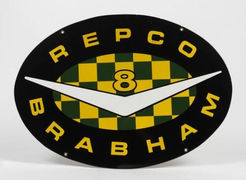 REPCO BRABHAM: A circa 1990s oval double sided 'Repco Brabham V8' enamel sign to hand of chain, 48cm high x 68cm wide.