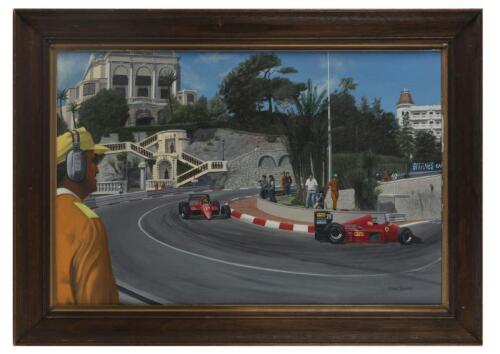 FERRARI: An original oil on board painting by Eric Irvine depicting the Ferrari' F186's at the 1986 Monaco GP, with #28 Stefan Johnsson and #27 Michele Alboreto