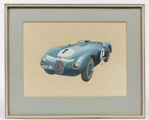 C-TYPE JAGUAR: An original watercolour by David K Rees of the Ex-Blanden / Rob Walker / Ecurie Ecosse C-Type Jaguar 'KSF 181', framed and glazed, image 24cm high x 33cm wide.