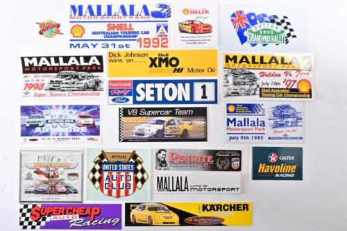 MOTOR SPORT STICKERS: A collection of unused motorsport stickers, including many from Mallala and SA, the largest 11 x 24cm