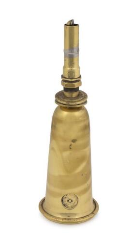 POWELL & HAMMER: A circa 1930s brass Powell & Hammer Ltd horn, missing rubber squeeze bulb, 24.5cm long, bears stamp: POWELL & HAMMER LTD, BIRMINGHAM with central emblem