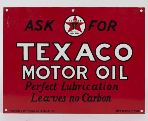TEXACO: An original Australian Texaco motor oil enamel sign by Metters,35.5cm high x 47cm wide