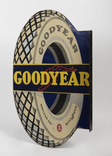 GOODYEAR: A rare Australian, circa 1920s/30s, double sided post mount 'Goodyear' tyre formed enamel sign, 88.5cm high x 55.5cm wide
