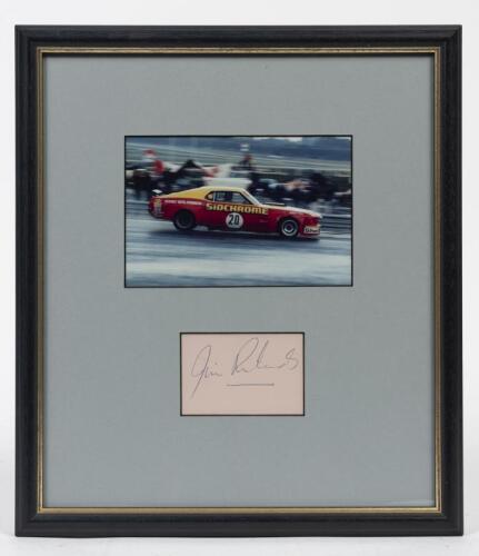JIM RICHARDS: A framed original photograph and signature of Jim Richards in his Ford Mustang Sports Sedan, window mounted, framed and glazed, 33 x 29cm overall
