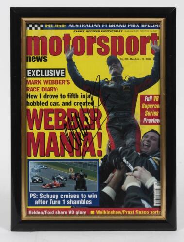 MARK WEBBER / ROGER PENSKE: Two framed front covers of motoring magazines signed by Mark Webber and Penske, framed and glazed, 33.5 x 25cm overall