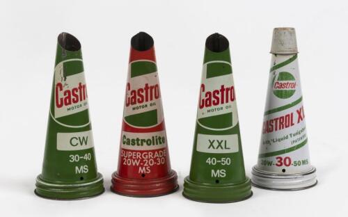 CASTROL: Four Castrol tin 1 pint oil bottle tops, including one cap