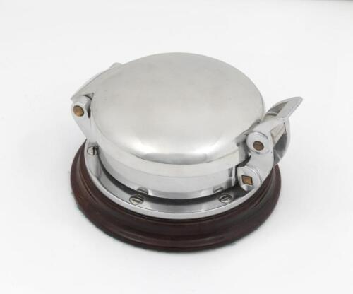DESKTOP BOX: A suburb quality cast aluminium desktop box in the form of a quick release petrol cap, 9.5cm high, 15.5cm wide, 14.5cm deep