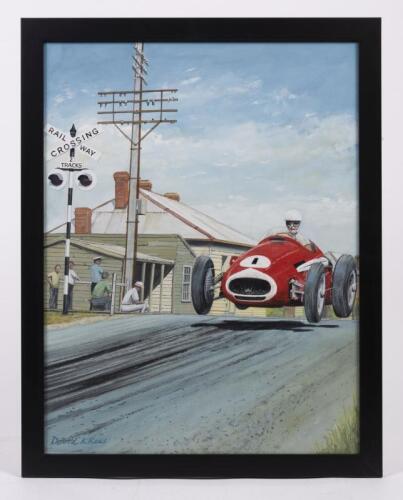 MASERATI: An original oil painting by David K Rees featuring Stan Jones at Longford. This is original artwork intended for the cover for the History of Australian G.P Vol II, 54.5cm high x 41.5cm wide