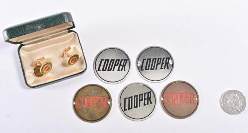 COOPER: A group of Cooper and Cooper Climax items including a pair of cufflink and five branded medallions
