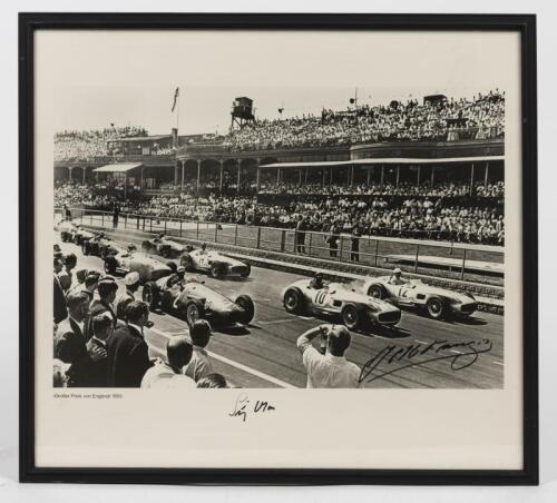 FANGIO/MOSS: A print of a black & white photograph of a GP starting circa 1955, hand signed by Fangio and Moss, 46cm high x 51cm wide