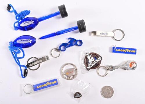 MERCHANDISE: A collection of merchandise including bottle openers, pen etc from Goodyear, Valvoline and Nascar