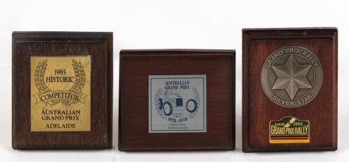 AUSTRALIAN GRAND PRIX: Two competitor plaques for the historic class at the Australian Grand Prix 1978 and 1985, and a Silver Star from the the Grand Prix Rally 1990, the largest 14 x 11cm