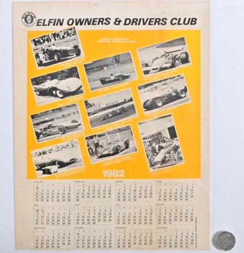 ELFIN: A original Elfin Owners & Drivers Club calendar from 1982 featuring cars of John Blanden, Brian Reid and others, 40cm high x 31cm wide