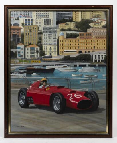 FERRARI LANCIA: An original oil painting by Eric Irvine featuring Peter Collins behind the wheel of his Ferrari-Lancia D50 Formula 1 at the 1956 Monaco Grand Prix, 75cm high, 60cm wide (SALEROOM NOTICE)