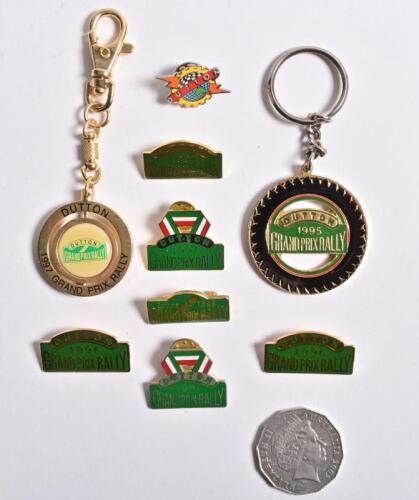 DUTTON GRAND PRIX RALLY: A collection of keyrings and pin badges relating to the Dutton Grand Prix Rally
