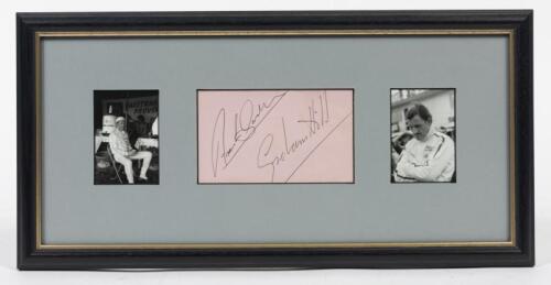 FRANK GARDNER / GRAHAM HILL: Two original framed photographs and the signatures of Frank Gardner and Graham Hill, window mounted, framed and glazed, 19.5 x 39cm overall