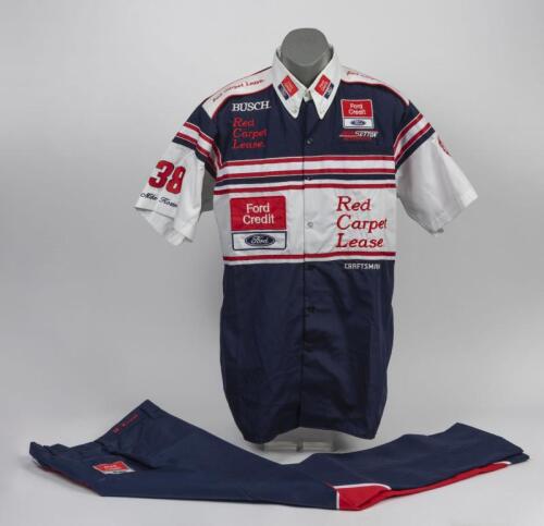 NASCAR/FORD: A "Chi-Chie" branded trouser and shirt outfit from the 1994 Nascar Bosch Series produced by Akin Sutton Motorsport, Ford Thunderbird driven by Elton Sawyer and sponsored by Ford Credit, uniform was owned by Mike Mozel, manager of Ford Credit 